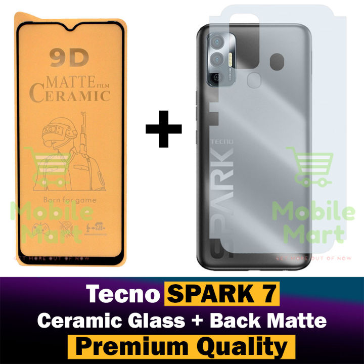 Tecno Spark 7 Ceramic Matte Protector for PUBG Gaming Unbreakable Antishock Hybrid film 9D/11D/21D Temper Fiber Nano Sheet Glass + Back Protector Carbon Fiber Matte Soft Skin Sheet For Tecno Spark 7