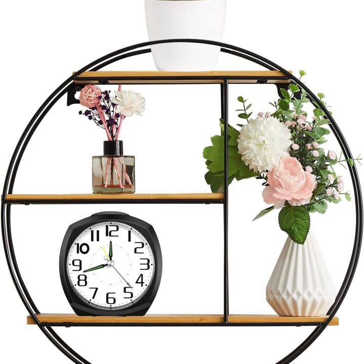 Round Wall Floating Shelves, Circle Shelf 3 Tier Made from Metal and Bamboo, Decorative Wall Shelves, Super Easy Install, Black