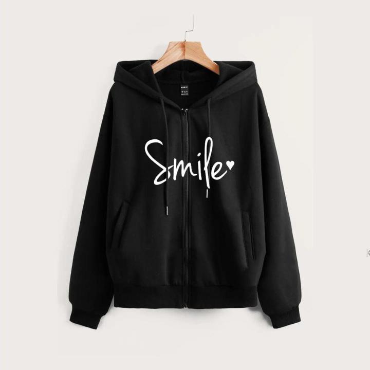 New Black Smile Printed Hoodie Zipper For Girls and Women