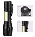 Mini Rechargeable LED Flashlight Torch COB+XPE Portable Torch Zoomable Focus Light Tactical Flashlight with Pen Clip and Box. 