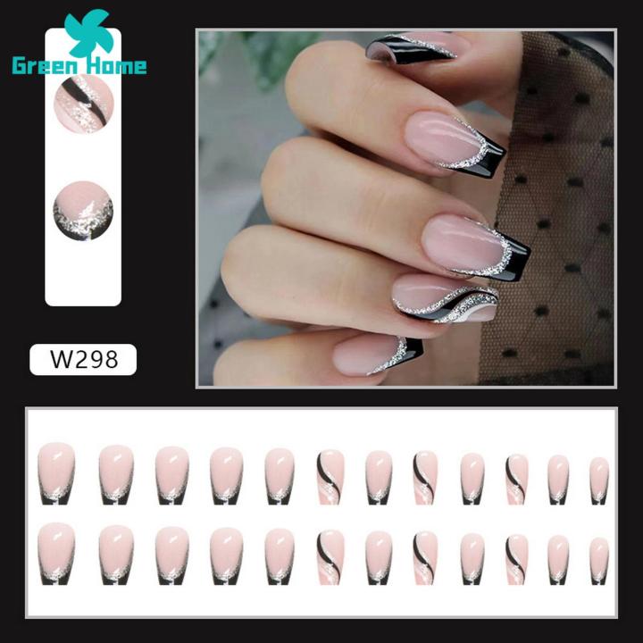 Crystal Nails Stylish Black Glitter Fake Nails 12 Sizes Safe Trendy Nail Plates for Southeast Asian Buyers Prom Nails