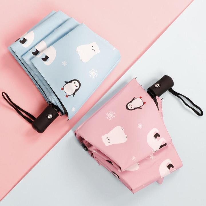 【Happier】Hot selling Fashion Women Accessories Umbrellas  Creative Automatic Umbrella Small Clarity Penguin 3 Folding Umbrella Parasol Men Women Black Glue Kids Umbrella