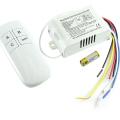 Wireless remote control switch for lights and fan, 3-way channel 220V on/off lamp transmitter. Includes remote control light and fan kit, room light remote control kit, and fan switch kit. Comes with 23A 12V battery. 