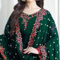 3Pc Chiffon Embroidered Unstitched Shalwar Kameez For Ladies Green SM-03. 