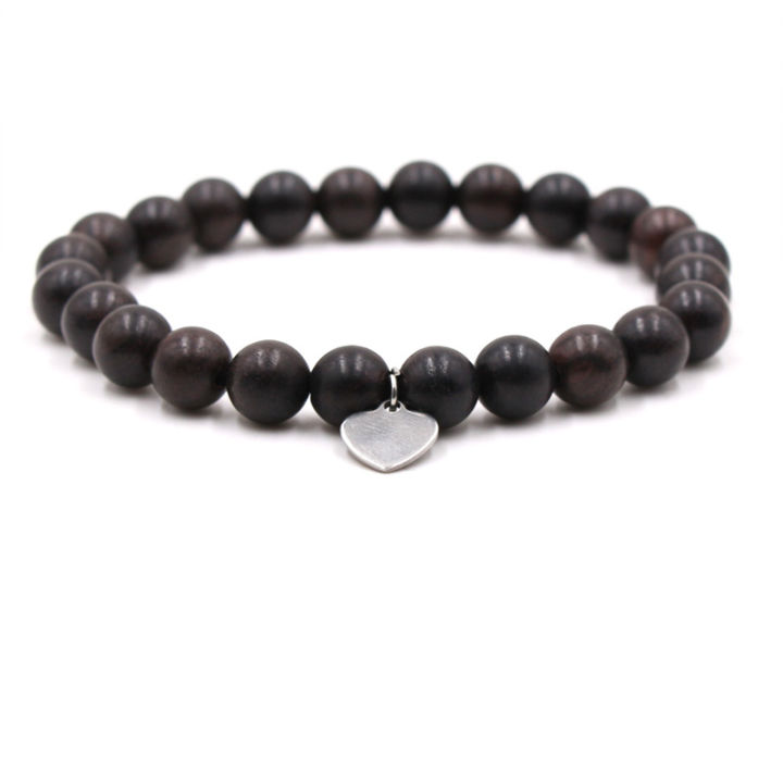 Natural Wood Black Sandalwood Buddhist Wood Prayer Beaded Knot Heart Black Ebony Unisex Men Bracelet & Bangle
