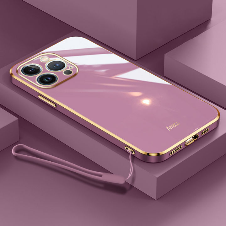 Maitus for iPhone 11 Pro Max Back Cover with Hand Strap Luxury 6D Plating Square Bumper Shiny Soft Silicone Cases Full Protection Mobile Phone Case for Boy Girls