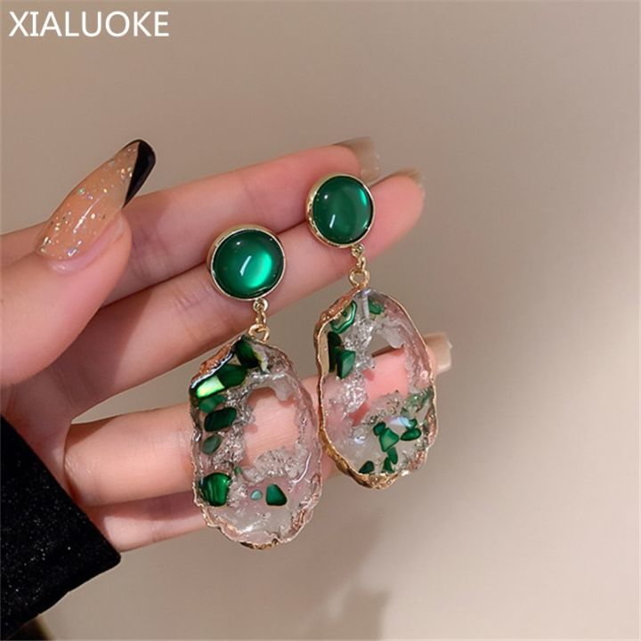 XIALUOKE Vintage Irregular Acrylic Pendants Green Round Opal Earrings For Women Hyperbole Long Tassel Drop Earrings Jewelry Gift