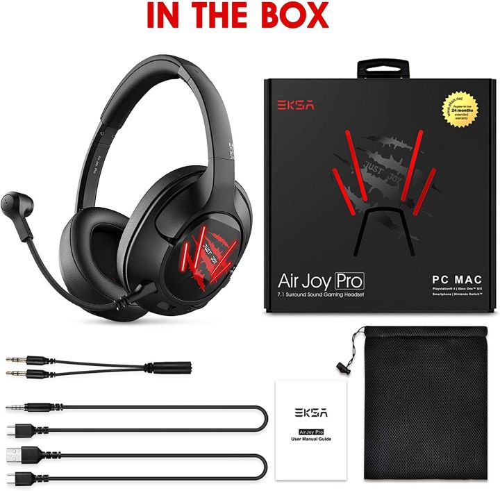 EKSA Air Joy Pro USB Gaming Headset with Detachable Noise Cancelling Mic, 7.1 Surround Sound, USB & 3.5mm Cables, for PC, PS4, PS5, Xbox One - Black/Red