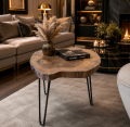 Live Edge Coffee Table – Rustic Solid Wood Coffee Table – Mid-Century Natural Wood Slab Table with Metal Hairpin Legs – Modern Accent Center Table for Living Room – Handmade Round Wooden Coffee & Side Table. 