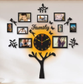 Wooden Family Tree Wall Clock with 9 Photo Frames and LED Light Home Decor. 
