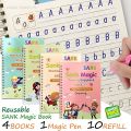 Children's Magic book,  Practice Copybook Set - Reusable Handwriting 4 Magic Books Set for Kids with Writing and Calligraphy - Includes 1 Magic Pen, 10 Refills, and 1 Grip. 