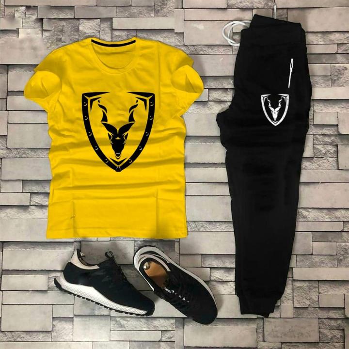 Yellow Stylish Summer Tracksuit T-Shirt and Trouser For Men