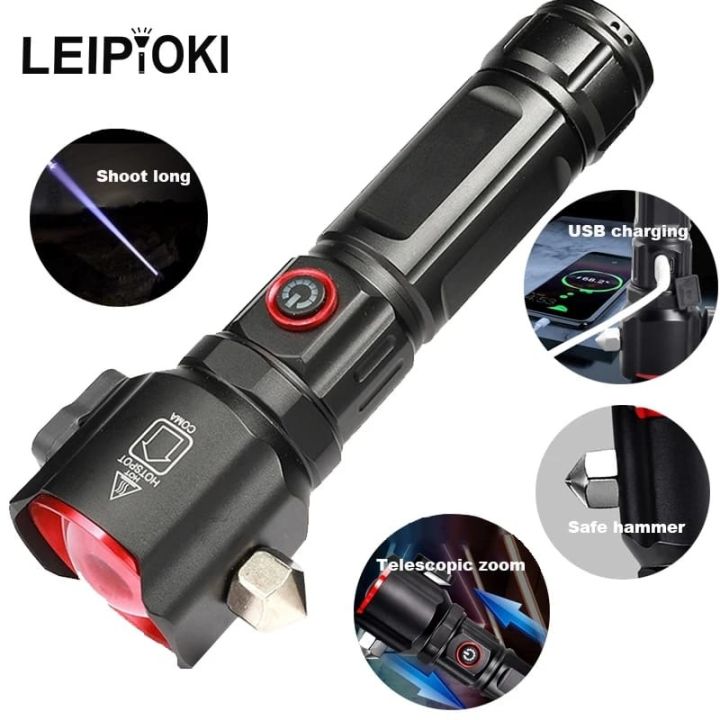 Multi-Functional High Power  Rechargeable LED Flashlight with USB Charging COB Safety Hammer Zoom Waterproof Aluminum Alloy White Laser Torch for Camping, Hiking, Super Bright 100000 Lumen with 360° COB Work Light, 5 Light Modes, IPX6 Waterproof, |