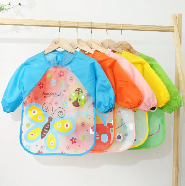Full Sleeves Feeding Bib Apron for Babies Washable Waterproof Reusable Non Messy Easy Cleaning Quick Dry, No Bad Odour, Adjustable Neckline For Kids, Toddler - 1Pc