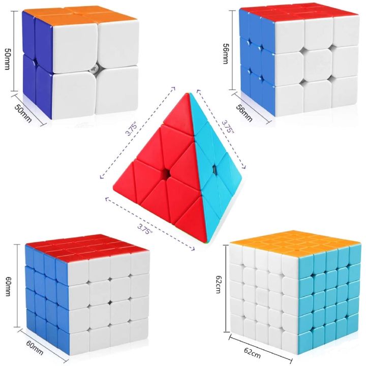 Bundle of 5 Speed Rubik's Cubes 2x2x2, 3x3x3, 4x4x4, 5x5x5 and Pyramid - Sticker less Fast Magic Cubes- Smooth Movement