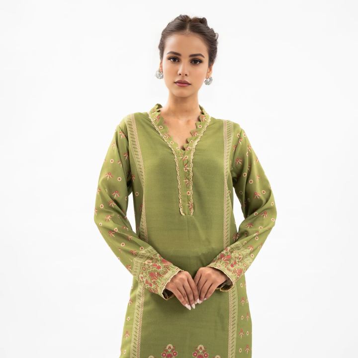 Maahru - Unstitched Fabric for women - 2 Piece - Olive Forest (Blended Lawn)