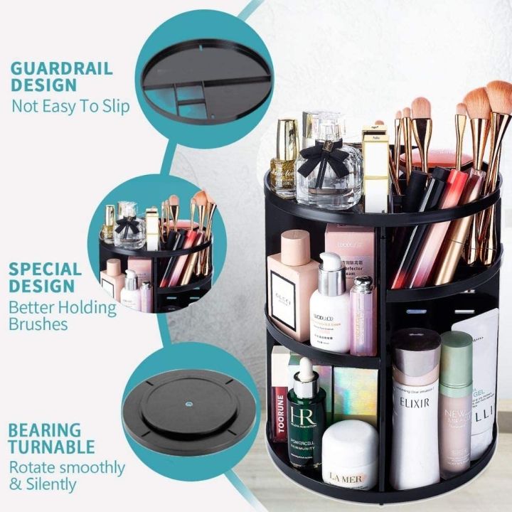 Cosmetics%20Makeup%20Organizer%203D%20Rotating%20360%20Degree%20Spinning%20Moving%20Make%20up%20Storage%20Rack%20Adjustable%20Assembly%20Skin%20Care%20Holder%20Bathroom%20Display%20Case%20Non%20Breakable%20Black%20Plastic%20Dresser%20Lipstick%20Skin%20Care%20Products%20Caddy%20Shelf%20-%20Image%209