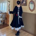 Women Solid Long-sleeve Over-he-knee A-line Black Dress. 