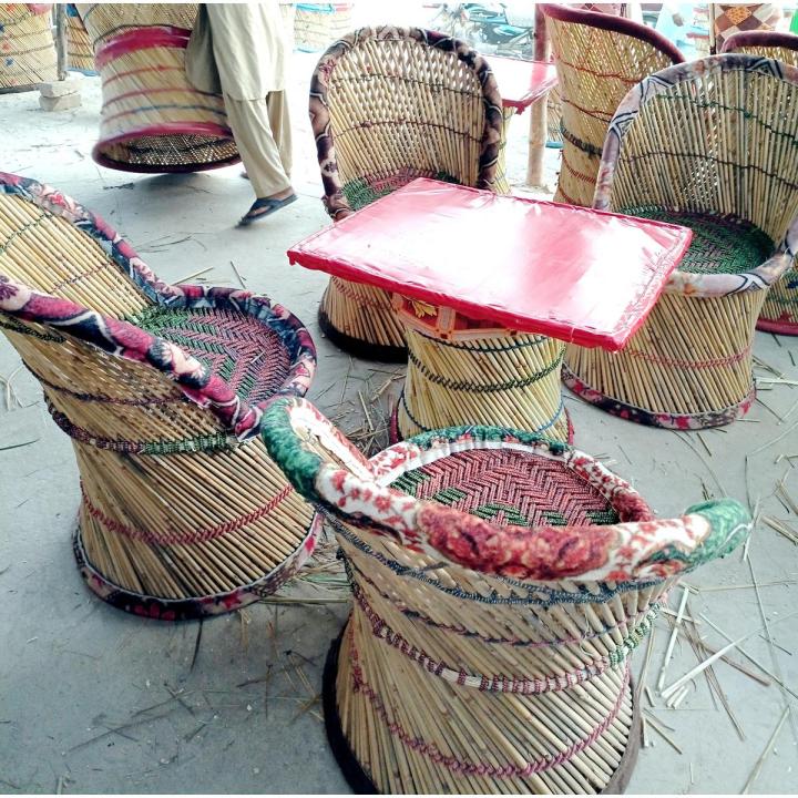 4 Chairs Set+Table Natural Bamboo (SARKANDA) Mudda 4 Chairs Set + Table / Moorah - A Traditional Chair / Mudha Chair / Mooda Chair / Cane Bamboo Chair Stool / Muddha Chair / Mudda Chair