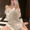 Sxy Off shoulder Top Women Button up White Shirt Long sleeve Chiffon Blouse With Chain Ladies Office Casual Night wear Nighty Party wear Top. 