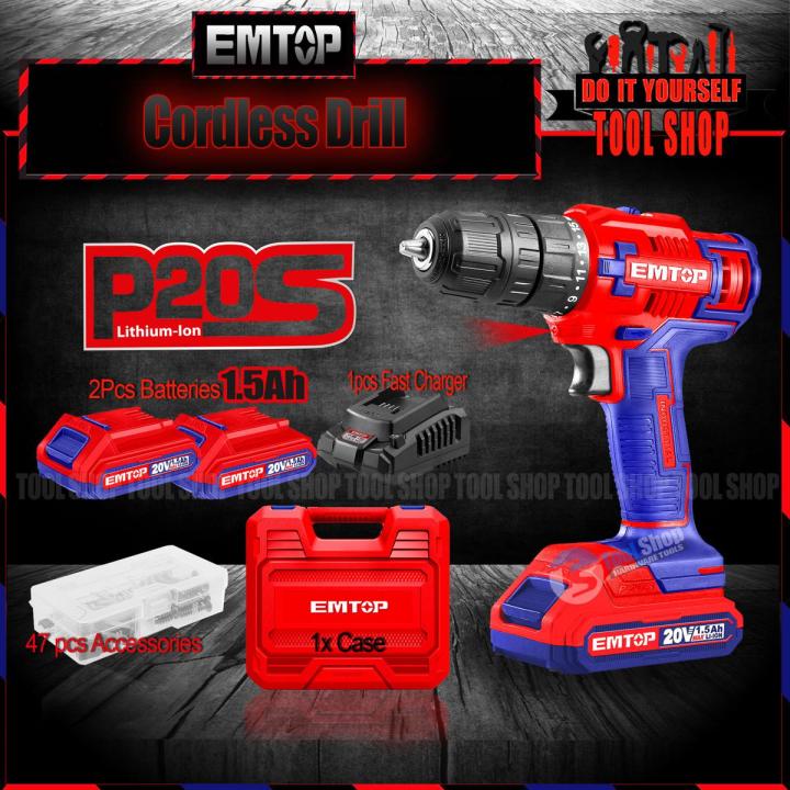 Emtop Original Cordless Drill With 2 Pcs Batteries Back 1.5Ah - 20V - 1Pc Fast Charger - 47 Pcs Accessories With Case