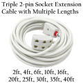 Flexible Extension Cable with Triple 2-pin Socket Male Female Electric Plug HQ 40/76 Two Core Round Wire Cord for Multipurpose uses Electrical Extension Board. 