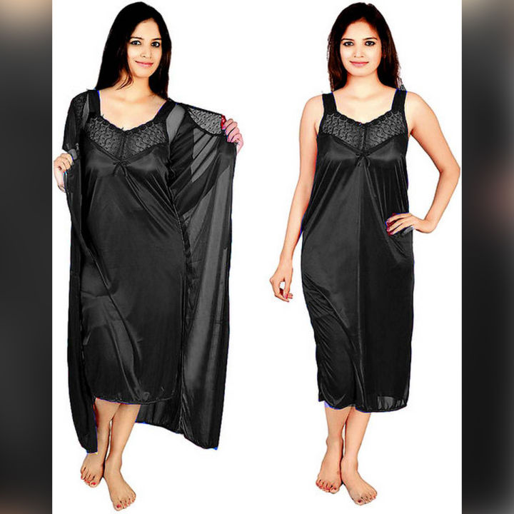 Black Long Nighty For Women Sexy Nightwear for Women Ladies Sexy Nighty 3Pcs Nightdress Sleepwear Sexy Long Nighty With Gown Daraz.pk