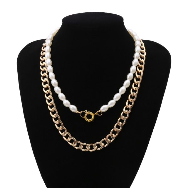 Ins Punk Hiphop Cuban Thick Chain Choker Necklace Sets For Men Vintage Pearl Necklaces Carved Coin Pendant Jewelry
