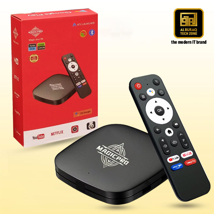 【High Performance】Magic Pro Android TV BOX | Original 2GB RAM & 8GB ROM (Showing 8GB-128GB) | Android 15 | 4K Resolution | Bluetooth voice Remote | Latest Gk63 Processor | Dual 2.4Ghz & 5G Wi-Fi  | Set top Box Smart  TV by Al-Buraq Tech Zone