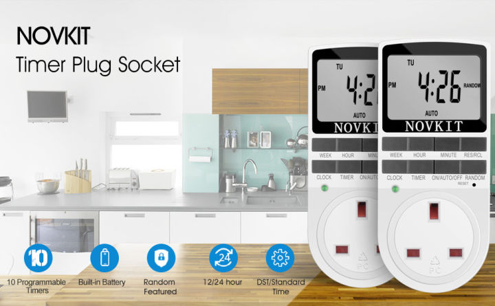 2 x NOVKIT Digital Security Timer Plug Socket Programmable Switch Timer with 10 ON-Off Programs and Random Mode for Home and Indoor (230V, 13A, 2900W)