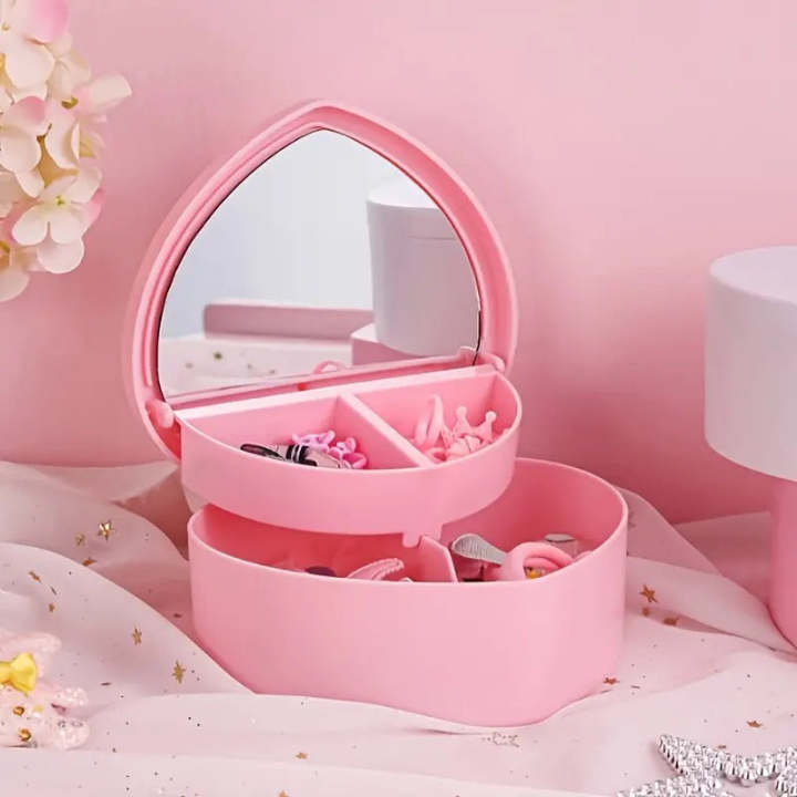 Multifunctional Plastic Folding Jewelry Box 2 layers Heart Design Makeup Cosmetic