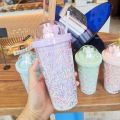 Water bottle cute rabbit glitter rainbow color plastic straw cup creative personality fun girl heart ins photo gift portable cup. 