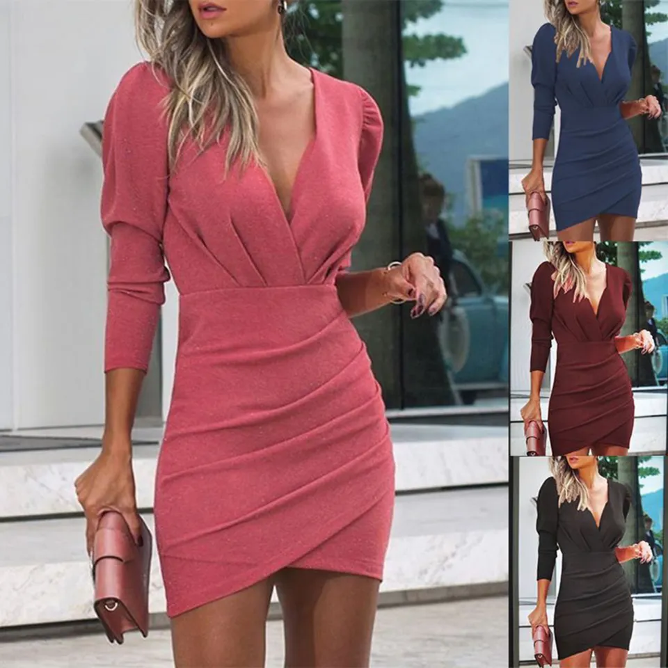 Women Fashion Deep V Neck Long Sleeve Waist Tight Bodycon Pleated Mini Dress Daraz.pk