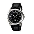 Casio General Dress Silver Case Black Dial Analog Black Leather Band Watch for Mens- MTP-1370L-1AVDF. 
