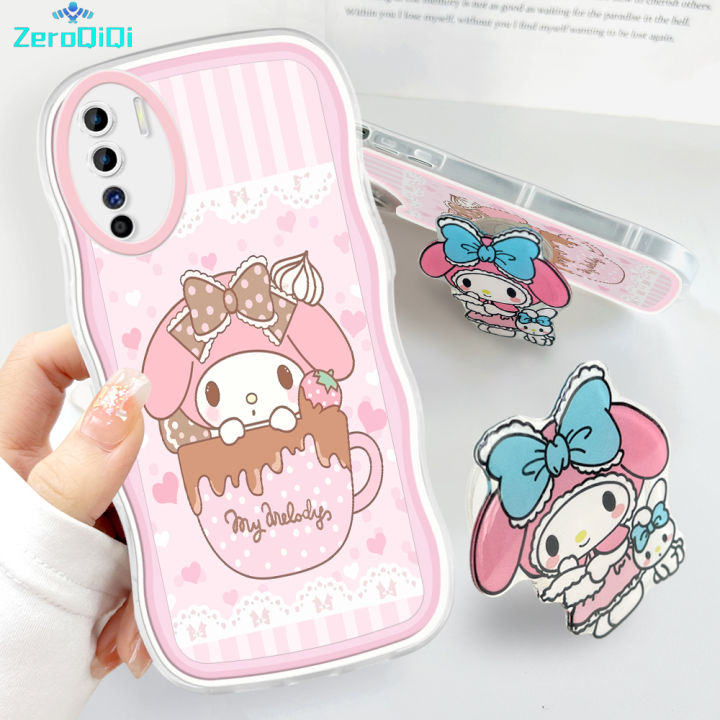 ZeroQiQi for OPPO F15 A91 Reno3 Back Cover With Free Holder Pink Melody Wavy Phone Case Camera Protection Transparent TPU Soft Cover for Girls