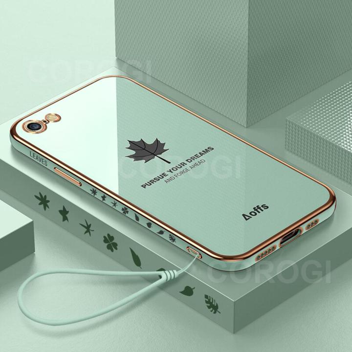 For iPhone 6s / iPhone 6 Back Cover + Wrist Strap Fashion Shiny Maple leaf Plating Square Bumper Phone Case Soft TPU Silicone Shockproof Protective Cover
