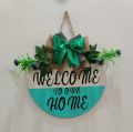 Elegant MDF Wooden Welcome Sign | 12-Inch Round Hanging Decor for Front Door/Wall | Handcrafted with Floral Bunch & "Welcome to Home" Handwritten Text. 