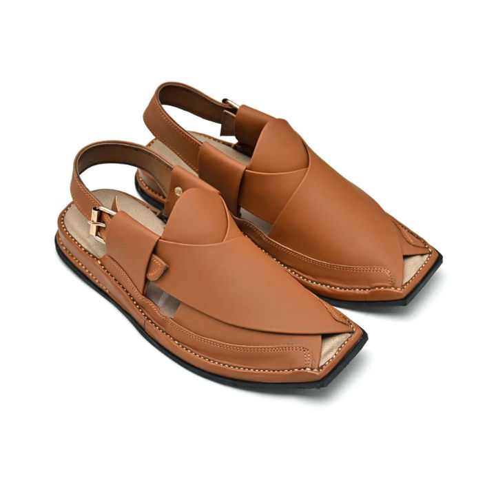 Peshawari Chappal Kheri for Men Hand Made - Matt Folded Upper - Footwear Pure Leather - Camel Color - The Adi Store