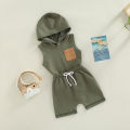 Infant Baby Boy 2 Pieces Outfits, Patchwork Hooded Sleeveless Tank Tops + Elastic Waist Solid Color Shorts Summer Set. 