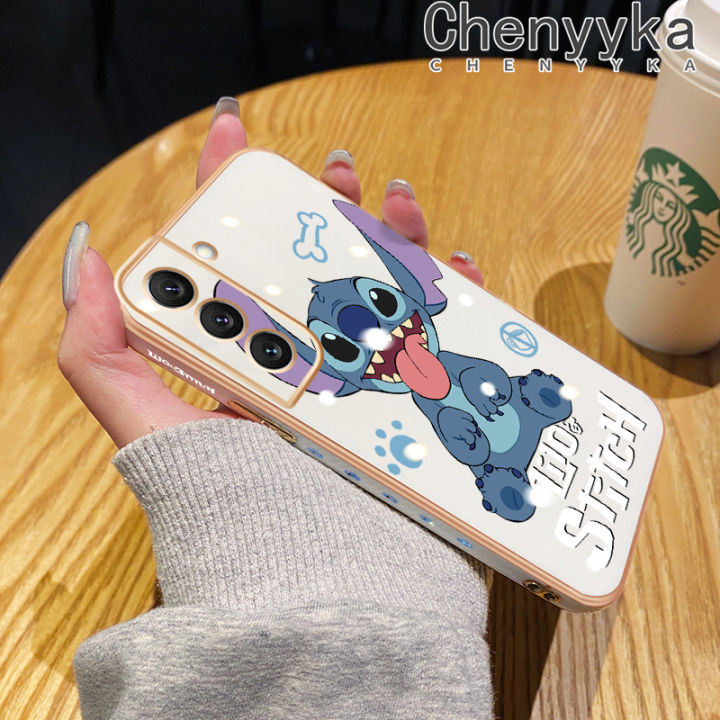 Chenyyka For Samsung S22 Plus S22 Ultra Case Cartoon Cute Stitch Square Edge Pattern Luxury Plating Phone Cases Soft Silicone Plated Shell Camera Lens Shockproof Protection Cover