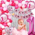 1st Birthday Decoration Kit for Girls - 70pc Combo- 60pc Balloons(white, red, pink), 1 banner, 1st birthday foil balloon Set of 5, 2 Silver Curtains, 1pc dot tape & 1pc arch ( First Birthday Theme Decorations for Girls). 