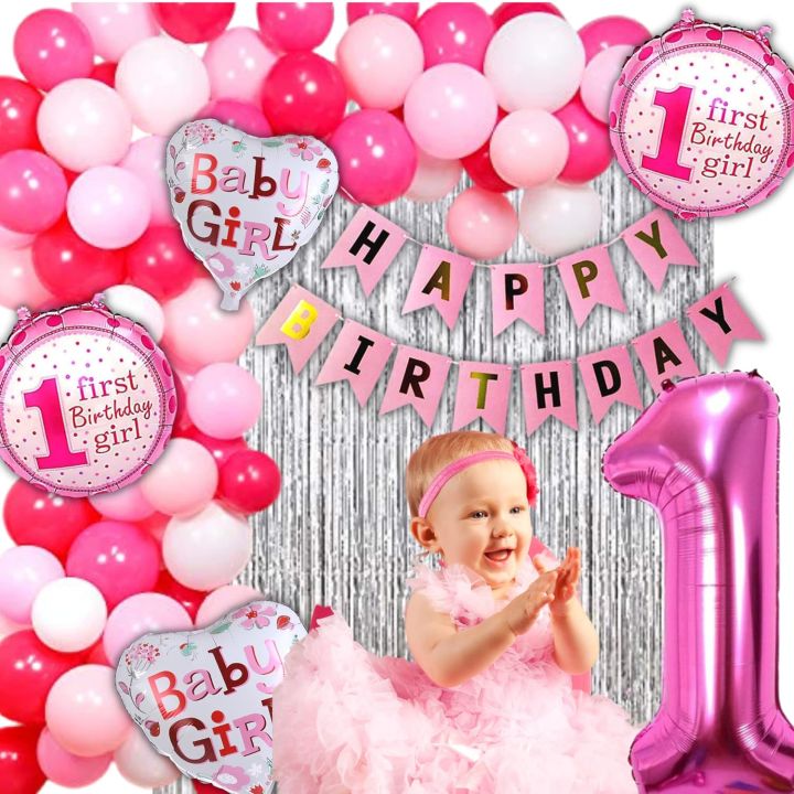 1st Birthday Decoration Kit for Girls 70pc Combo- 60pc Balloons