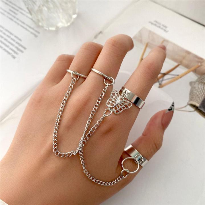 Fashion Women Punk Cool Conjoined Cross Butterfly Rings Adjustable Chain Open Finger Rings Alloy Man Rings Party Accessories Jewelry Gift