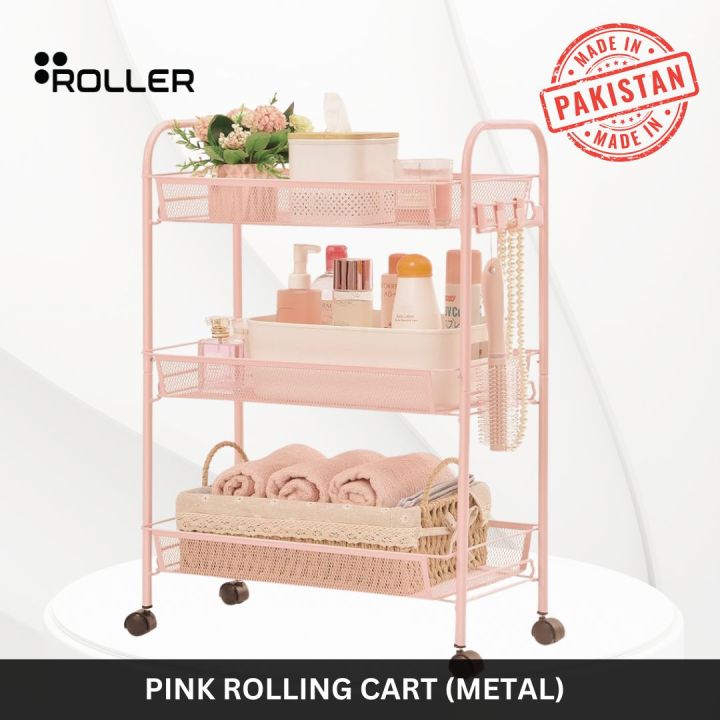 3 Tier Pink Metal Rolling Cart by Roller, kitchen trolly Heavy Duty Storage Utility Cart Little Organization Cart with with Handle and Locking Wheels,Multifunctional Storage Shelves for Office Kitchen Bedroom Bathroom, Pink ,Made in Pakistan