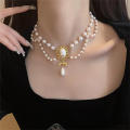 Multi-Layer White Pearl Heart Necklace Vintage Pearl Choker Necklace for Women Elegant Bowknot Pendant Wedding Necklace Jewelry. 
