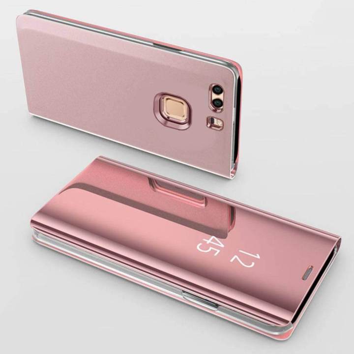 For Huawei P9 Mirror Plating Hard PC -PU Leather Translucent Standing View Case Cover