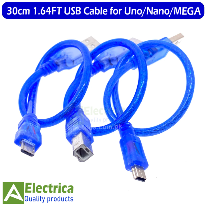 30cm 1.64FT USB Cable for Uno R3/Nano/MEGA 2560/Leonardo/Pro Micro/DUE High Quality Mini / Micro USB 0.3M for Arduino by Electrica