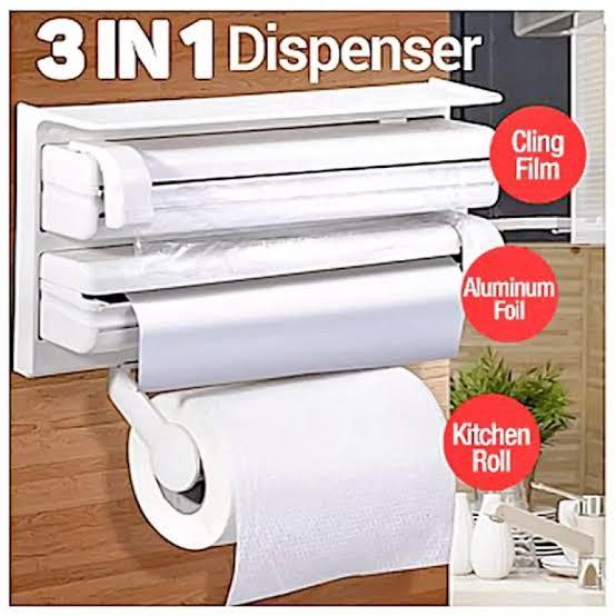 Triple Paper Dispenser | 3 in 1 Foil Cling Film Tissue Paper Roll Holder for Kitchen with Spice Rack -White | Kitchen Triple Paper Roll Dispenser & Holder for Tissue Paper Roll