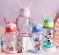 Sipper Bottle For Kids 600ml with Straws Strap & Strickers BPA Free Leakproof Children Sippers Plastic Water Bottles For Kid/Girl/Boy. 