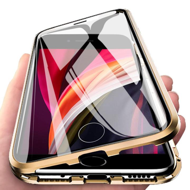 For iPhone SE 2020 Casing 360° Full Body Transparent Tempered Glass with Magnetic Adsorption Metal Bumper Case Cover